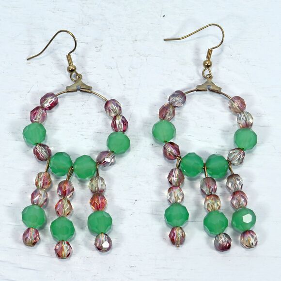 Handmade Dangle Earrings With Hoops and Green Glass Beads & Rose Crystal Dangles - Picture 3 of 7